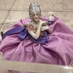 Porcelain Figurine with Purple Dress in lucite display box
